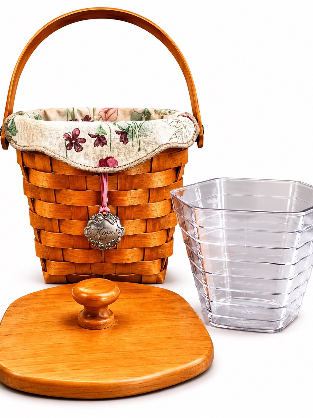 Longaberger Hope Basket Wood Lid Protector Floral Liner Farmhouse Cottage Decor